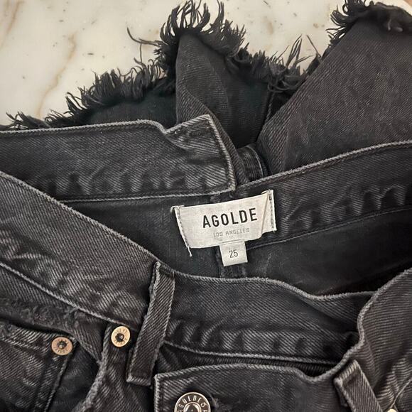 Agolde Women’s Criss Cross Black Denim Cut Off Jean Shorts Asymmetrical Waist 25 - Picture 3 of 7